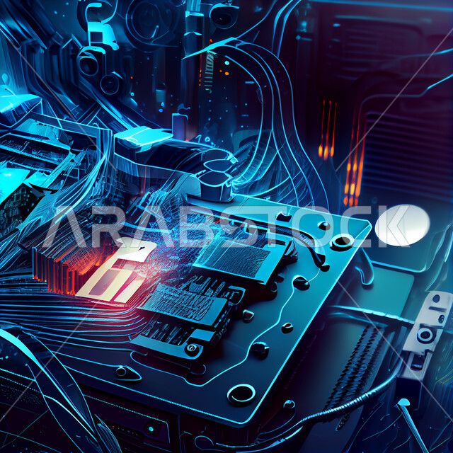 اشكال ورسومات ثلاثية الابعاد، شرائح الكترونية، خطوط مشعة، وميض مضيء، تكنولوجيا المستقبل، التطور الرقمي، خلفية زرقاء.