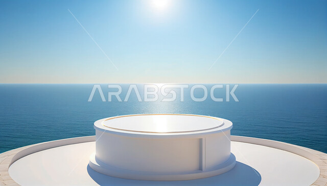 منصة مستديرة الشكل لعرض المنتجات ثلاثية الأبعاد, موك اب ثلاثي الابعاد, مجسم لمسرح عرض المنتجات الإعلانية, خلفية السماء الزرقاء .