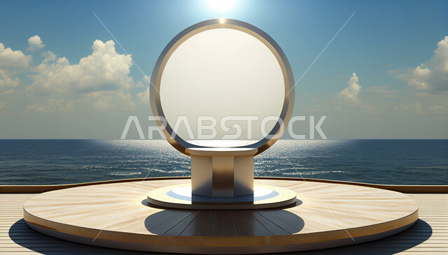 منصة لعرض المنتجات ثلاثية الأبعاد, موك اب ثلاثي الابعاد, مجسم لمسرح عرض المنتجات الإعلانية, خلفية السماء الزرقاء .