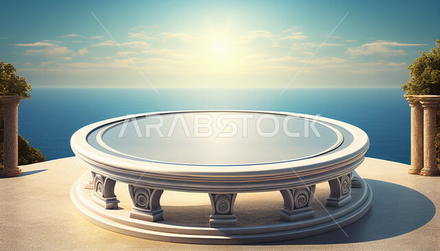 منصة مستديرة لعرض المنتجات ثلاثية الأبعاد, ذو قاعدة, موك اب ثلاثي الابعاد, مجسم لمسرح عرض المنتجات الإعلانية, خلفية السماء الزرقاء .