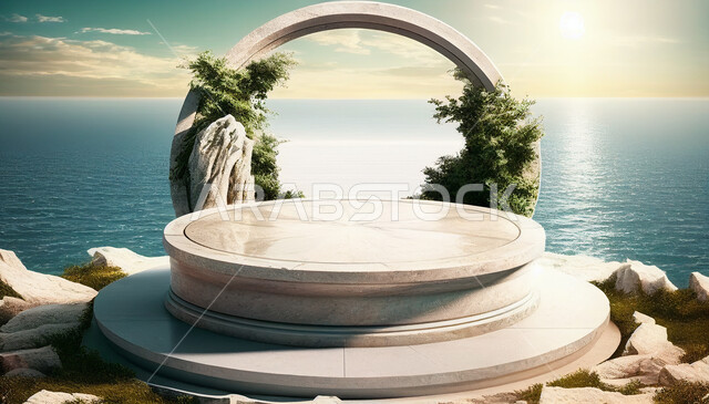 منصة عرض المنتجات المزينة ثلاثية الأبعاد, موك اب ثلاثي الابعاد, مجسم لمسرح عرض المنتجات الإعلانية, خلفية السماء الزرقاء .