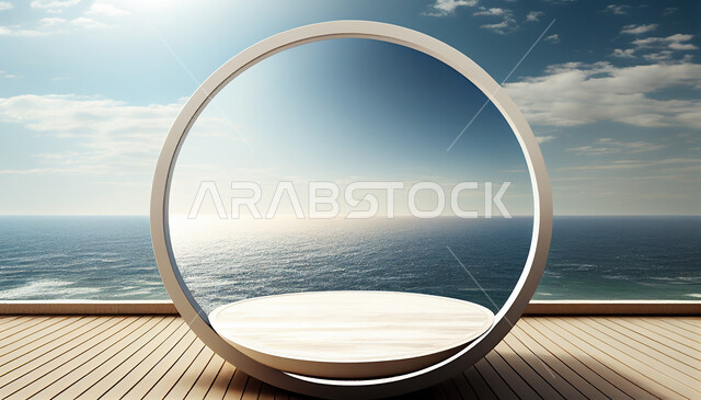 منصة عرض المنتجات دون قاعدة ثلاثية الأبعاد,  مجسم لمسرح عرض المنتجات الإعلانية, موك اب ثلاثي الابعاد, خلفية السماء الزرقاء .