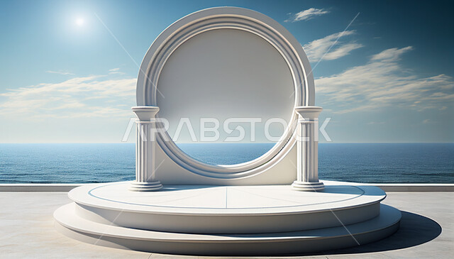 منصة عرض المنتجات ثلاثية الأبعاد,  مجسم لمسرح عرض المنتجات الإعلانية, موك اب ثلاثي الابعاد, خلفية السماء الزرقاء .