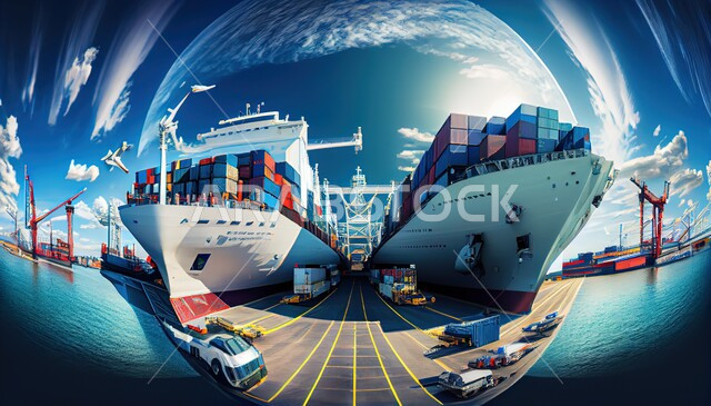 An embodied image of public maritime transport, the port of the Kingdom of Saudi Arabia, ships, sea, sky, blue background.