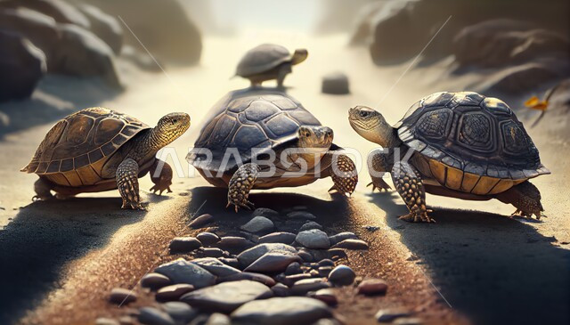  مجموعه من السلاحف البريه في الصحراء, سلاحف بريه, حيوانات زاحفه, خلفية الطبيعه