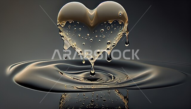 دفقة الماء تشكل علامة الحب, سطح مائي باللون الرمادي، شكل دائري رائع، خلفية لسطح مائي