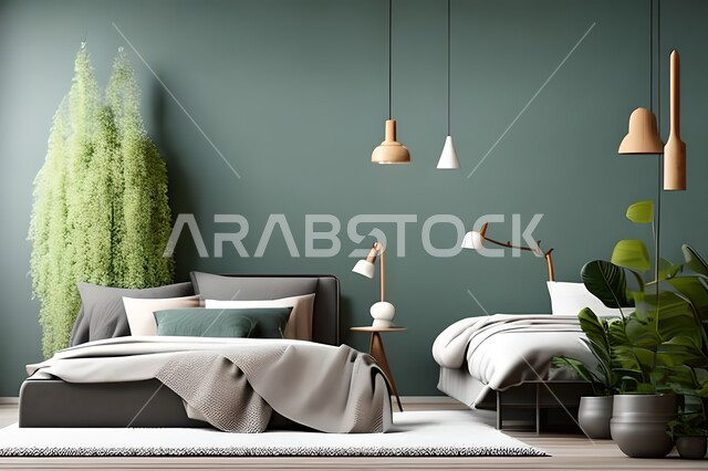 Home furniture, bedroom with a modern modern design, interior decorations, elegant modern designs, apartments and villas, luxury hotels and resorts