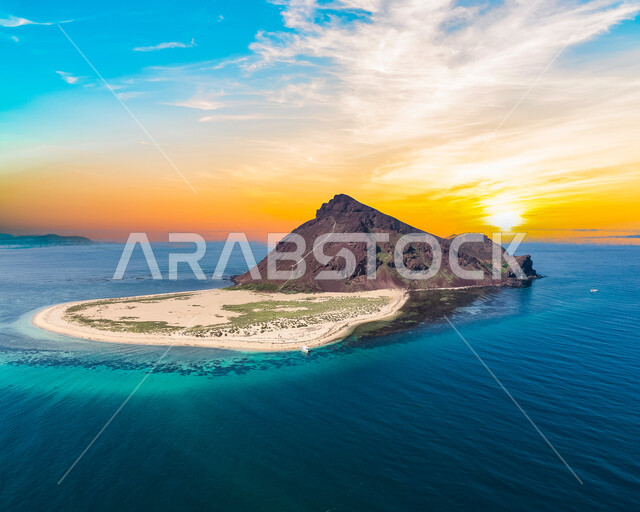 Blue waters, rocky mountains and white sands on Kedambel Island on the Red Sea, tourist attractions in Asir, a tourist sea destination, nature in the Kingdom of Saudi Arabia, a natural background