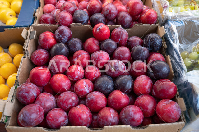 تصوير مقرب لثمرة الخوخ  داخل السوبرماركت  ، محلات تجارية ، شراء الاحتياجات المنزلية ، السلع والمواد الغذائية المختلفة ، مستلزمات المستهلك.