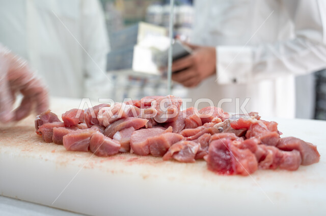 A close-up of markets selling fresh meat, various livestock meat, meat shop, red meat, supermarket, various commodities and foodstuffs, consumer supplies.