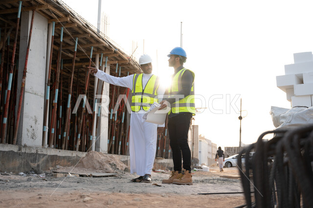 Two Saudi engineers working carrying a blueprint for the construction project, dialogue and discussion, supervision of work, planning and implementation in the Kingdom of Saudi Arabia, wearing a helmet and protective jacket for work, a blue safety helmet,