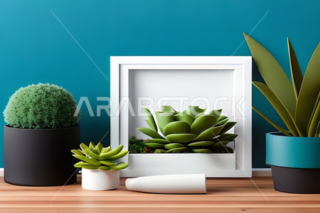 Room with modern modern designs, interior decorations, hanging art paintings, antiques and accessories, upscale home furnishings, modern designs, wooden frames, green ornamental plants, interior decor, blue walls