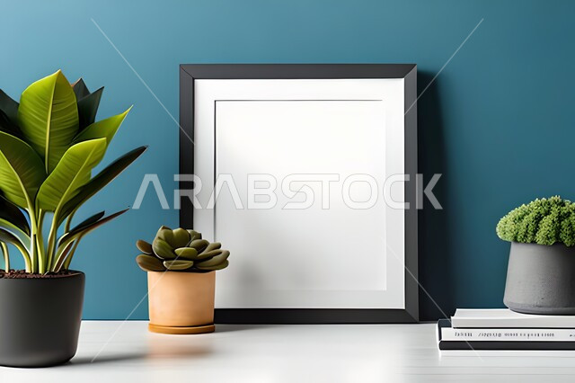 غرفة بتصاميم عصرية حديثة، ديكورات داخلية، لوحات فنيه معلقة, تحف وإكسسوارات, أثاث منزلي راقي، تصاميم عصرية، براويز خشبية، نباتات الزينة الخضراء، ديكور داخلي، جدران زرقاء