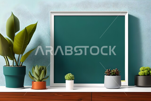 Room with modern modern designs, interior decorations, hanging art paintings, antiques and accessories, upscale home furnishings, modern designs, wooden frames, green ornamental plants, interior decor, blue walls