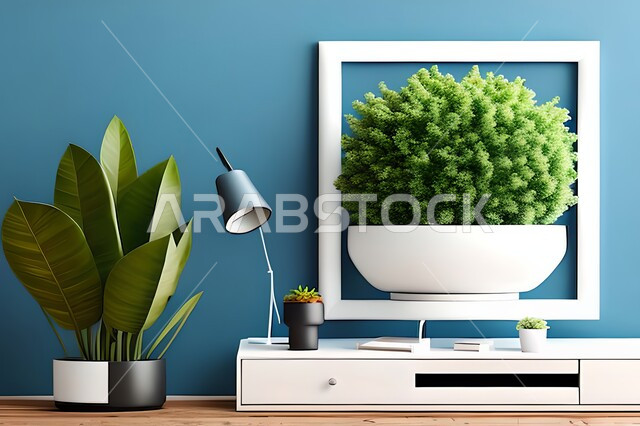 Room with modern modern designs, interior decorations, hanging art paintings, antiques and accessories, upscale home furnishings, modern designs, wooden frames, green ornamental plants, interior decor, blue walls