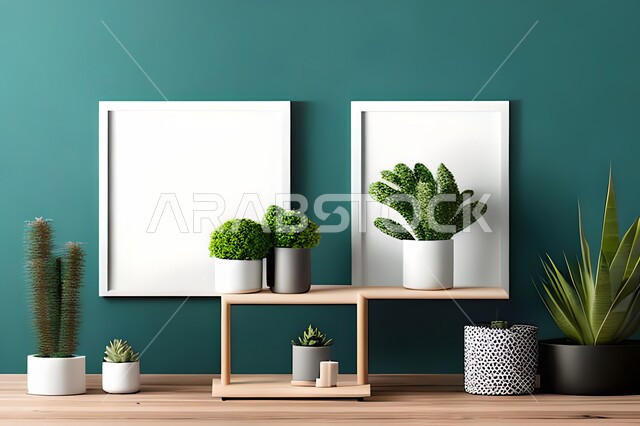 غرفة بتصاميم عصرية حديثة، ديكورات داخلية، لوحات فنيه معلقة, تحف وإكسسوارات, أثاث منزلي راقي، تصاميم عصرية، براويز خشبية، نباتات الزينة الخضراء، ديكور داخلي، جدران زرقاء