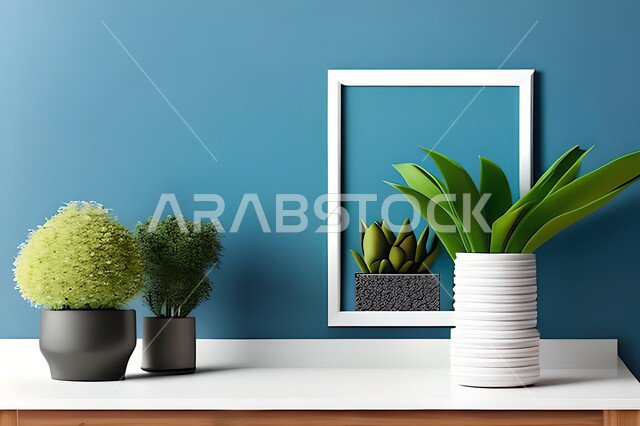 غرفة بتصاميم عصرية حديثة، ديكورات داخلية، لوحات فنيه معلقة, تحف وإكسسوارات, أثاث منزلي راقي، تصاميم عصرية، براويز خشبية، نباتات الزينة الخضراء، ديكور داخلي، جدران زرقاء