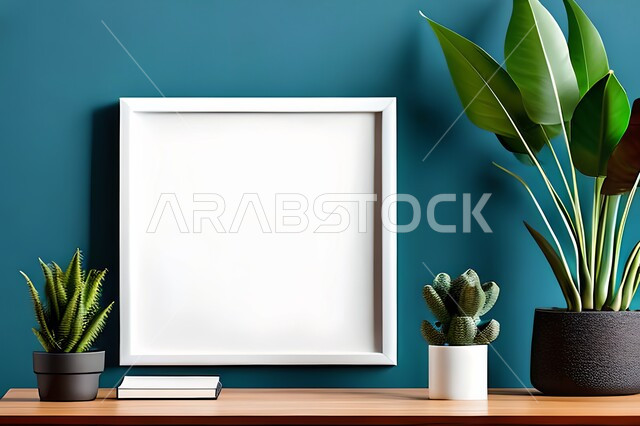 غرفة بتصاميم عصرية حديثة، ديكورات داخلية، لوحات فنيه معلقة, تحف وإكسسوارات, أثاث منزلي راقي، تصاميم عصرية، براويز خشبية، نباتات الزينة الخضراء، ديكور داخلي، جدران زرقاء