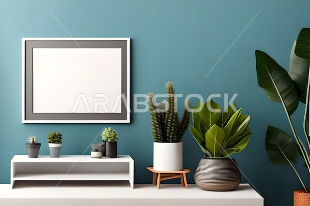 غرفة بتصاميم عصرية حديثة، ديكورات داخلية، لوحات فنيه معلقة, تحف وإكسسوارات, أثاث منزلي راقي، تصاميم عصرية، براويز خشبية، نباتات الزينة الخضراء، ديكور داخلي، جدران زرقاء