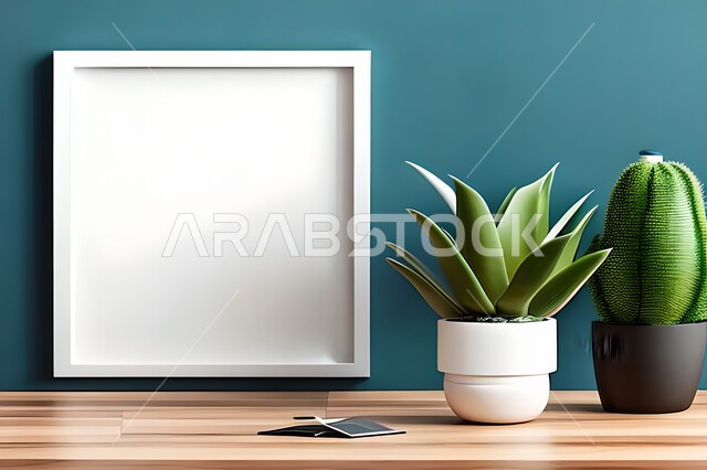 Room with modern modern designs, interior decorations, hanging art paintings, antiques and accessories, upscale home furnishings, modern designs, wooden frames, green ornamental plants, interior decor, blue walls