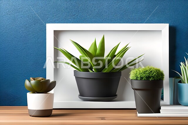 غرفة بتصاميم عصرية حديثة، ديكورات داخلية، لوحات فنيه معلقة, تحف وإكسسوارات, أثاث منزلي راقي، تصاميم عصرية، براويز خشبية، نباتات الزينة الخضراء، ديكور داخلي، جدران زرقاء