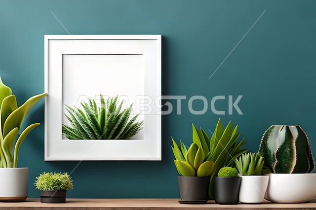 غرفة بتصاميم عصرية حديثة، ديكورات داخلية، لوحات فنيه معلقة, تحف وإكسسوارات, أثاث منزلي راقي، تصاميم عصرية، براويز خشبية، نباتات الزينة الخضراء، ديكور داخلي، جدران زرقاء