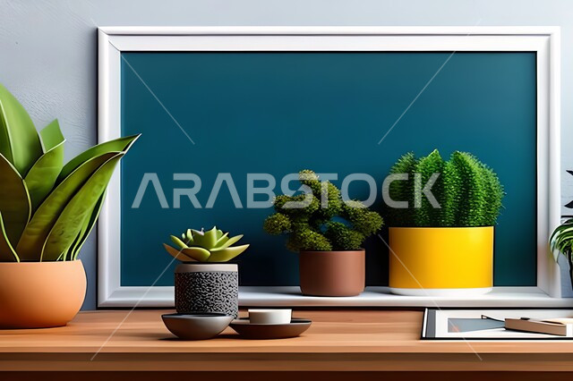 غرفة بتصاميم عصرية حديثة، ديكورات داخلية، لوحات فنيه معلقة, تحف وإكسسوارات, أثاث منزلي راقي، تصاميم عصرية، براويز خشبية، نباتات الزينة الخضراء، ديكور داخلي، جدران زرقاء