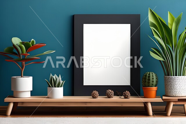 غرفة بتصاميم عصرية حديثة، ديكورات داخلية، لوحات فنيه معلقة, تحف وإكسسوارات, أثاث منزلي راقي، تصاميم عصرية، براويز خشبية، نباتات الزينة الخضراء، ديكور داخلي، جدران زرقاء