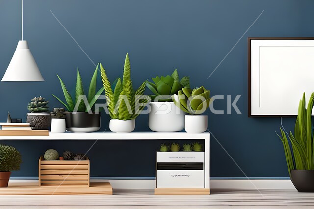 غرفة بتصاميم عصرية حديثة، ديكورات داخلية، لوحات فنيه معلقة, تحف وإكسسوارات, أثاث منزلي راقي، تصاميم عصرية، براويز خشبية، نباتات الزينة الخضراء، ديكور داخلي، جدران زرقاء