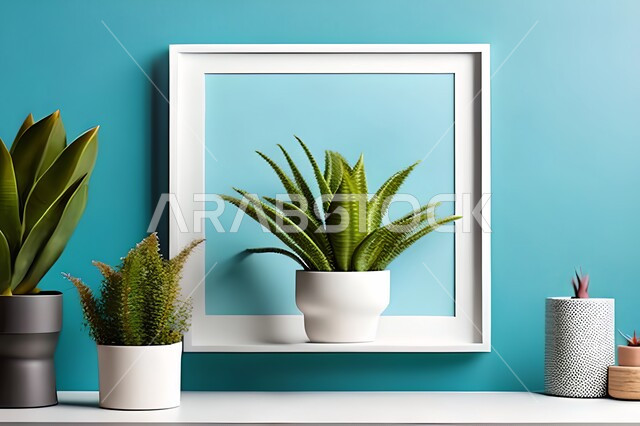 غرفة بتصاميم عصرية حديثة، ديكورات داخلية، لوحات فنيه معلقة, تحف وإكسسوارات, أثاث منزلي راقي، تصاميم عصرية، براويز خشبية، نباتات الزينة الخضراء، ديكور داخلي، جدران زرقاء