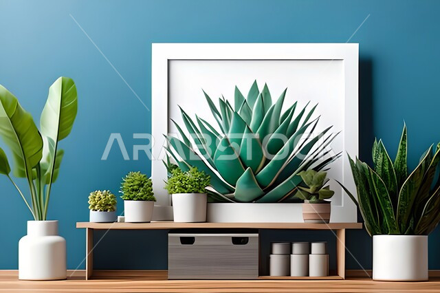 غرفة بتصاميم عصرية حديثة، ديكورات داخلية، لوحات فنيه معلقة, تحف وإكسسوارات, أثاث منزلي راقي، تصاميم عصرية، براويز خشبية، نباتات الزينة الخضراء، ديكور داخلي، جدران زرقاء