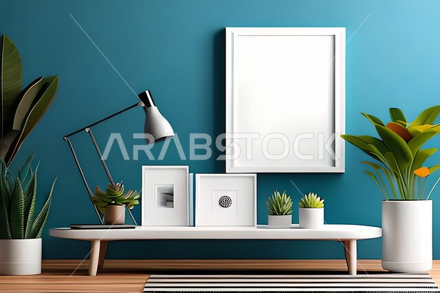 غرفة بتصاميم عصرية حديثة، ديكورات داخلية، لوحات فنيه معلقة, تحف وإكسسوارات, أثاث منزلي راقي، تصاميم عصرية، براويز خشبية، نباتات الزينة الخضراء، ديكور داخلي، جدران زرقاء