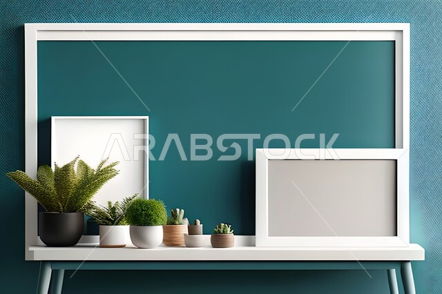 غرفة بتصاميم عصرية حديثة، ديكورات داخلية، لوحات فنيه معلقة, تحف وإكسسوارات, أثاث منزلي راقي، تصاميم عصرية، براويز خشبية، نباتات الزينة الخضراء، ديكور داخلي، جدران زرقاء