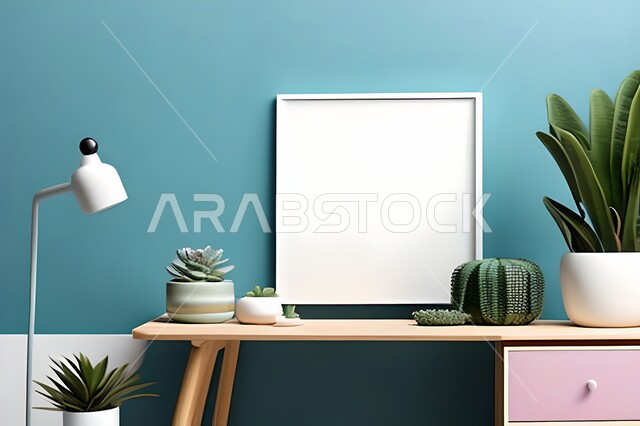 غرفة بتصاميم عصرية حديثة، ديكورات داخلية، لوحات فنيه معلقة, تحف وإكسسوارات, أثاث منزلي راقي، تصاميم عصرية، براويز خشبية، نباتات الزينة الخضراء، ديكور داخلي، جدران زرقاء