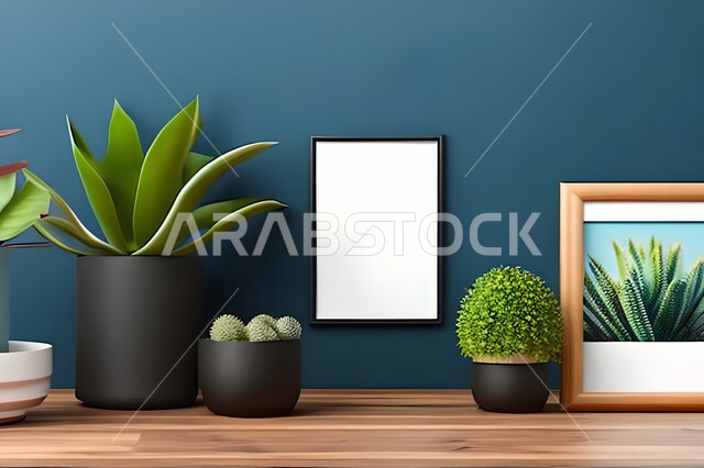 غرفة بتصاميم عصرية حديثة، ديكورات داخلية، لوحات فنيه معلقة, تحف وإكسسوارات, أثاث منزلي راقي، تصاميم عصرية، براويز خشبية، نباتات الزينة الخضراء، ديكور داخلي، جدران زرقاء