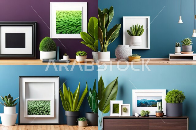 غرفة بتصاميم عصرية حديثة، ديكورات داخلية، لوحات فنيه معلقة, تحف وإكسسوارات, أثاث منزلي راقي، تصاميم عصرية، براويز خشبية، نباتات الزينة الخضراء، ديكور داخلي، جدران زرقاء