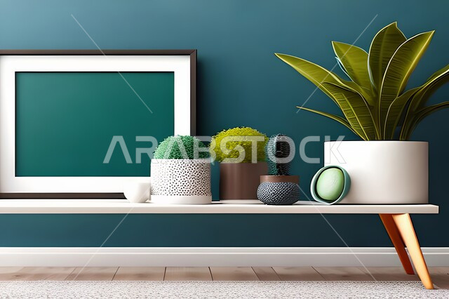 غرفة بتصاميم عصرية حديثة، ديكورات داخلية، لوحات فنيه معلقة, تحف وإكسسوارات, أثاث منزلي راقي، تصاميم عصرية، براويز خشبية، نباتات الزينة الخضراء، ديكور داخلي، جدران زرقاء