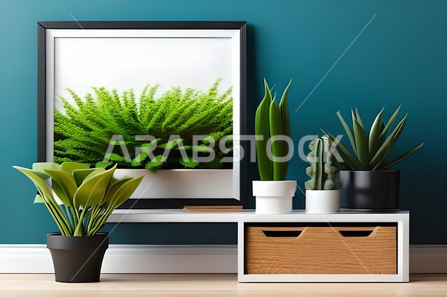 غرفة بتصاميم عصرية حديثة، ديكورات داخلية، لوحات فنيه معلقة, تحف وإكسسوارات, أثاث منزلي راقي، تصاميم عصرية، براويز خشبية، نباتات الزينة الخضراء، ديكور داخلي، جدران زرقاء