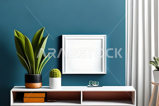 غرفة بتصاميم عصرية حديثة، ديكورات داخلية، لوحات فنيه معلقة, تحف وإكسسوارات, أثاث منزلي راقي، تصاميم عصرية، براويز خشبية، نباتات الزينة الخضراء، ديكور داخلي، جدران زرقاء