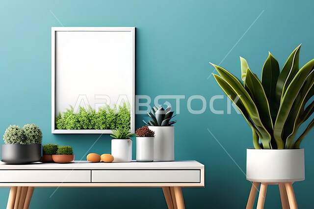 غرفة بتصاميم عصرية حديثة، ديكورات داخلية، لوحات فنيه معلقة, تحف وإكسسوارات, أثاث منزلي راقي، تصاميم عصرية، براويز خشبية، نباتات الزينة الخضراء، ديكور داخلي، جدران زرقاء