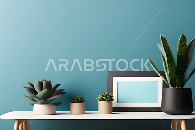 Room with modern modern designs, interior decorations, hanging art paintings, antiques and accessories, upscale home furnishings, modern designs, wooden frames, green ornamental plants, interior decor, blue walls