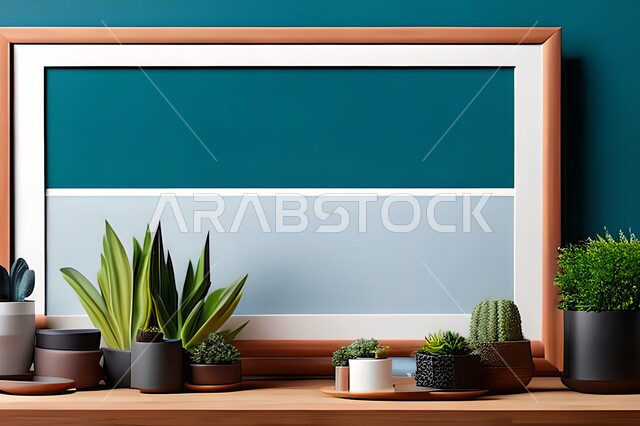 غرفة بتصاميم عصرية حديثة، ديكورات داخلية، لوحات فنيه معلقة, تحف وإكسسوارات, أثاث منزلي راقي، تصاميم عصرية، براويز خشبية، نباتات الزينة الخضراء، ديكور داخلي، جدران زرقاء