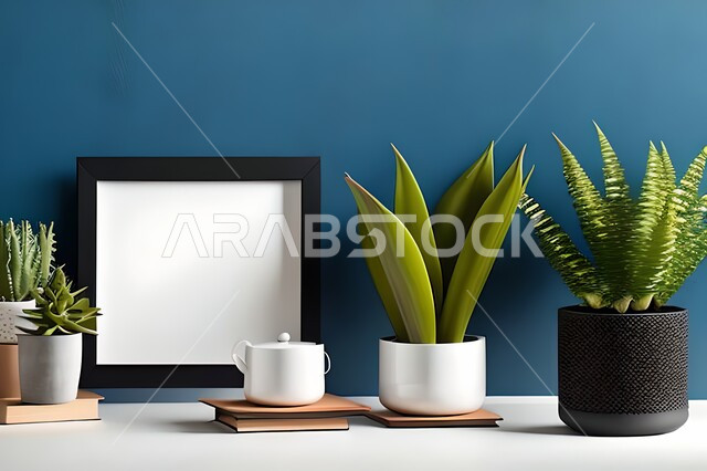 غرفة بتصاميم عصرية حديثة، ديكورات داخلية، لوحات فنيه معلقة, تحف وإكسسوارات, أثاث منزلي راقي، تصاميم عصرية، براويز خشبية، نباتات الزينة الخضراء، ديكور داخلي، جدران زرقاء