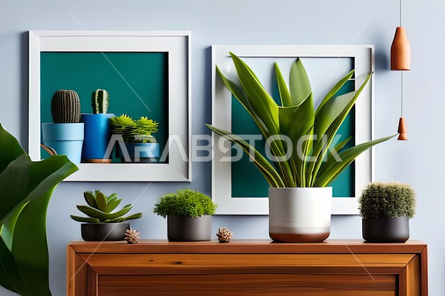 غرفة بتصاميم عصرية حديثة، ديكورات داخلية، لوحات فنيه معلقة, تحف وإكسسوارات, أثاث منزلي راقي، تصاميم عصرية، براويز خشبية، نباتات الزينة الخضراء، ديكور داخلي، جدران زرقاء