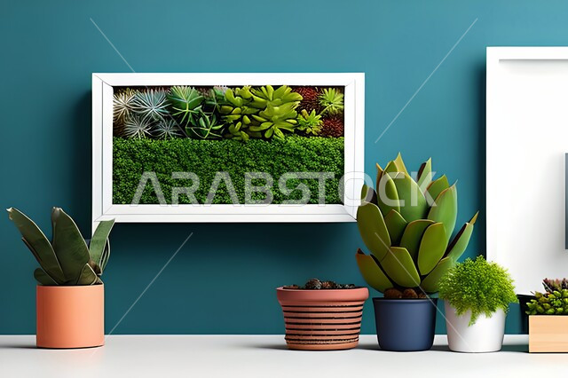 غرفة بتصاميم عصرية حديثة، ديكورات داخلية، لوحات فنيه معلقة, تحف وإكسسوارات, أثاث منزلي راقي، تصاميم عصرية، براويز خشبية، نباتات الزينة الخضراء، ديكور داخلي، جدران زرقاء