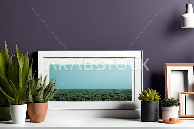 غرفة بتصاميم عصرية وجذابة، أثاث منزلي راقي، ديكورات داخلية، لوحات فنيه معلقة، تحف وإكسسوارات، تصاميم عصرية، براويز صور خشبية، نباتات الزينة الخضراء، ديكور داخلي، جدار ارجواني