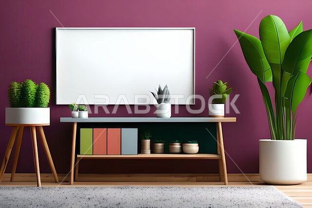 غرفة بتصاميم عصرية وجذابة، أثاث منزلي راقي، ديكورات داخلية، لوحات فنيه معلقة، تحف وإكسسوارات، تصاميم عصرية، براويز صور خشبية، نباتات الزينة الخضراء، ديكور داخلي، جدار ارجواني