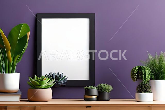 Room with modern and attractive designs, upscale home furnishings, interior decorations, hanging art paintings, antiques and accessories, modern designs, wooden photo frames, green ornamental plants, interior decor, purple wall