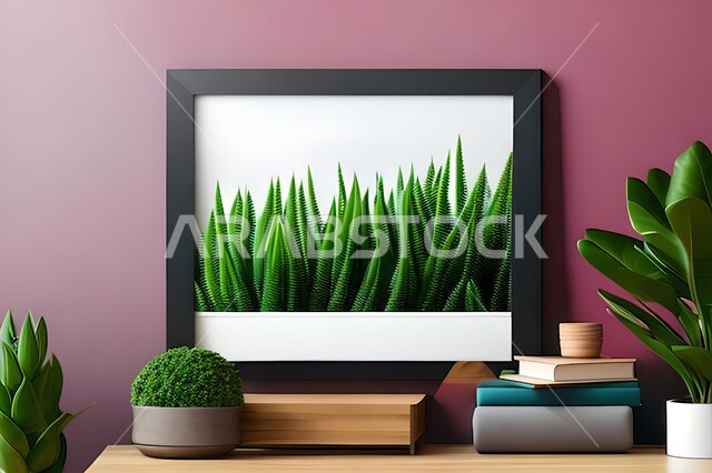 Room with modern and attractive designs, upscale home furnishings, interior decorations, hanging art paintings, antiques and accessories, modern designs, wooden photo frames, green ornamental plants, interior decor, purple wall