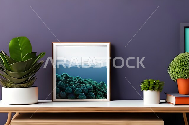 غرفة بتصاميم عصرية وجذابة، أثاث منزلي راقي، ديكورات داخلية، لوحات فنيه معلقة، تحف وإكسسوارات، تصاميم عصرية، براويز صور خشبية، نباتات الزينة الخضراء، ديكور داخلي، جدار ارجواني